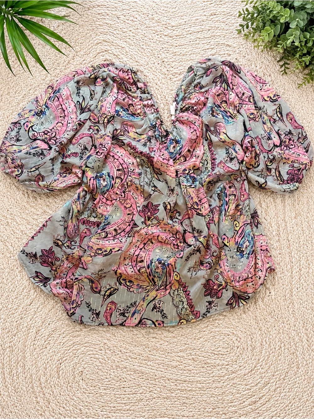 Lovely J Pink Paisley Puff Sleeve Blouse | Boho Cottagecore Top | Size Large